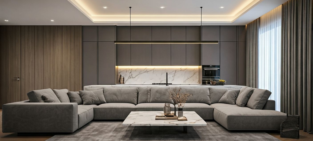 Организация пространства и освещения в гостиной и кухне гостиной