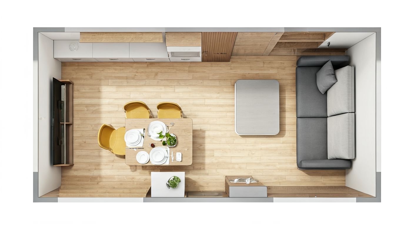 вид сверху компактной квартиры с мебелью