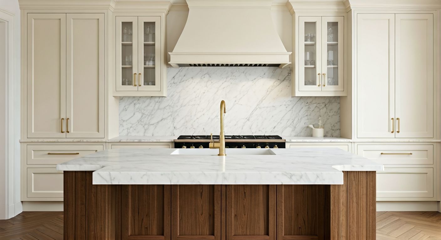 Кухня неоклассика с деревянными фасадами