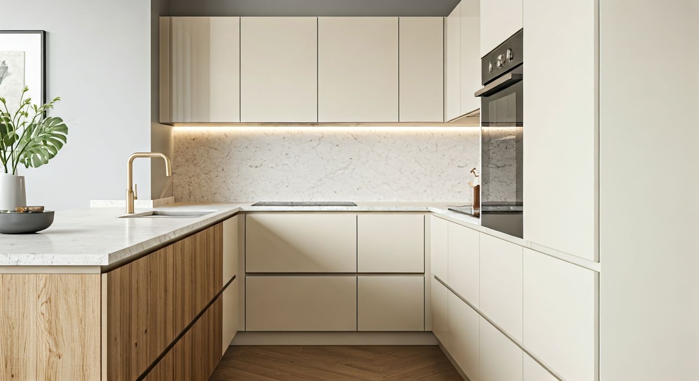 U-образная кухня с двухцветными фасадами