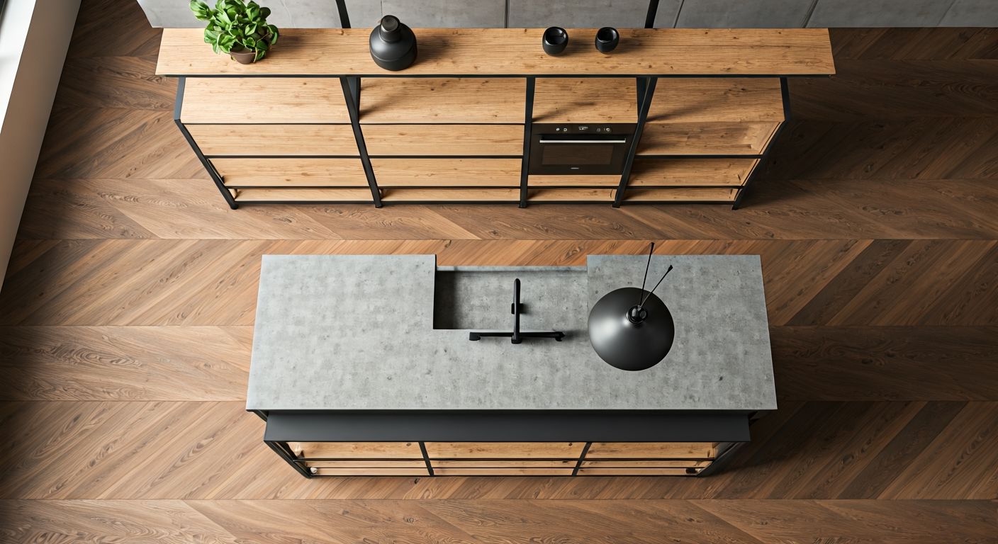 Лофт-кухня с бетонным островом сверху