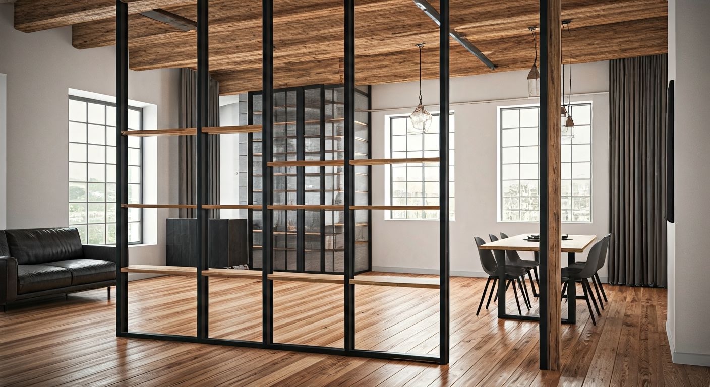 лофт-интерьер со стальным шкаф-перегородкой