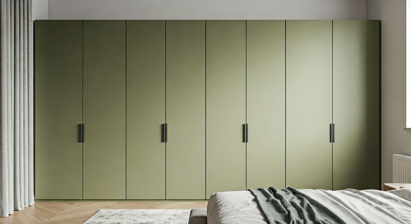 Модульный шкаф на длинной стене спальни