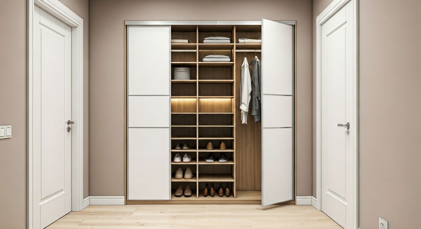 Угловой шкаф-купе с открытым интерьером