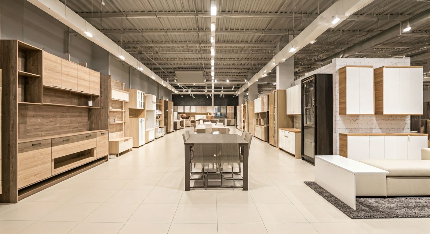 Широкий вид шоурума готовой мебели
