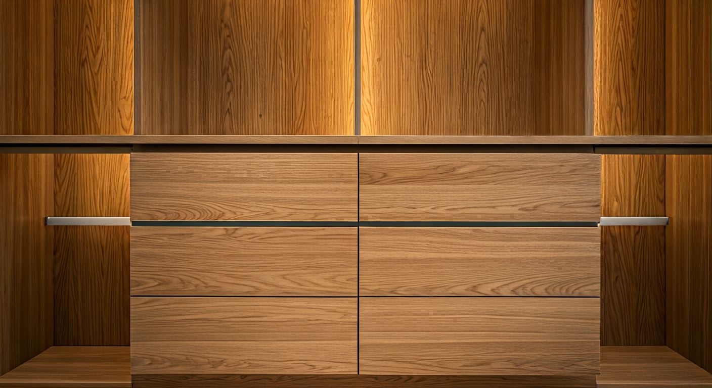 Гардеробная со встроенными ящиками и подсветкой