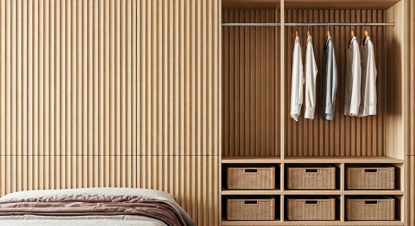 Минималистичная гардеробная за кроватью