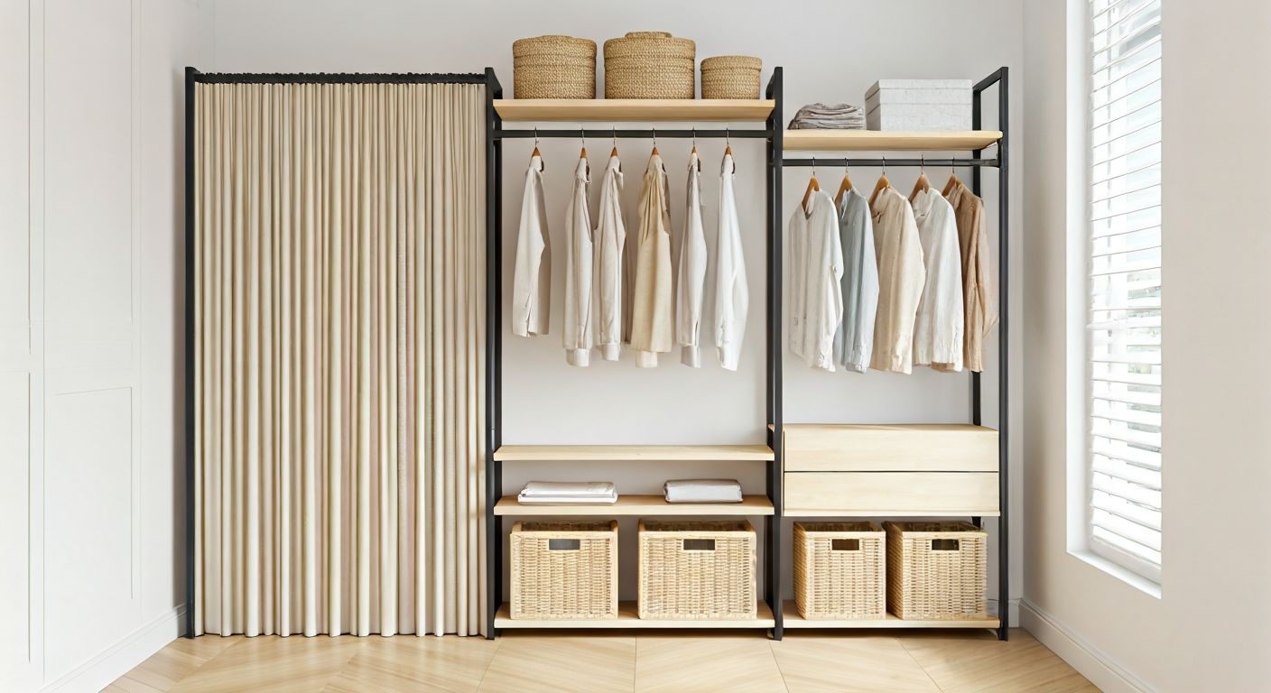 открытая гардеробная за тканевой шторой