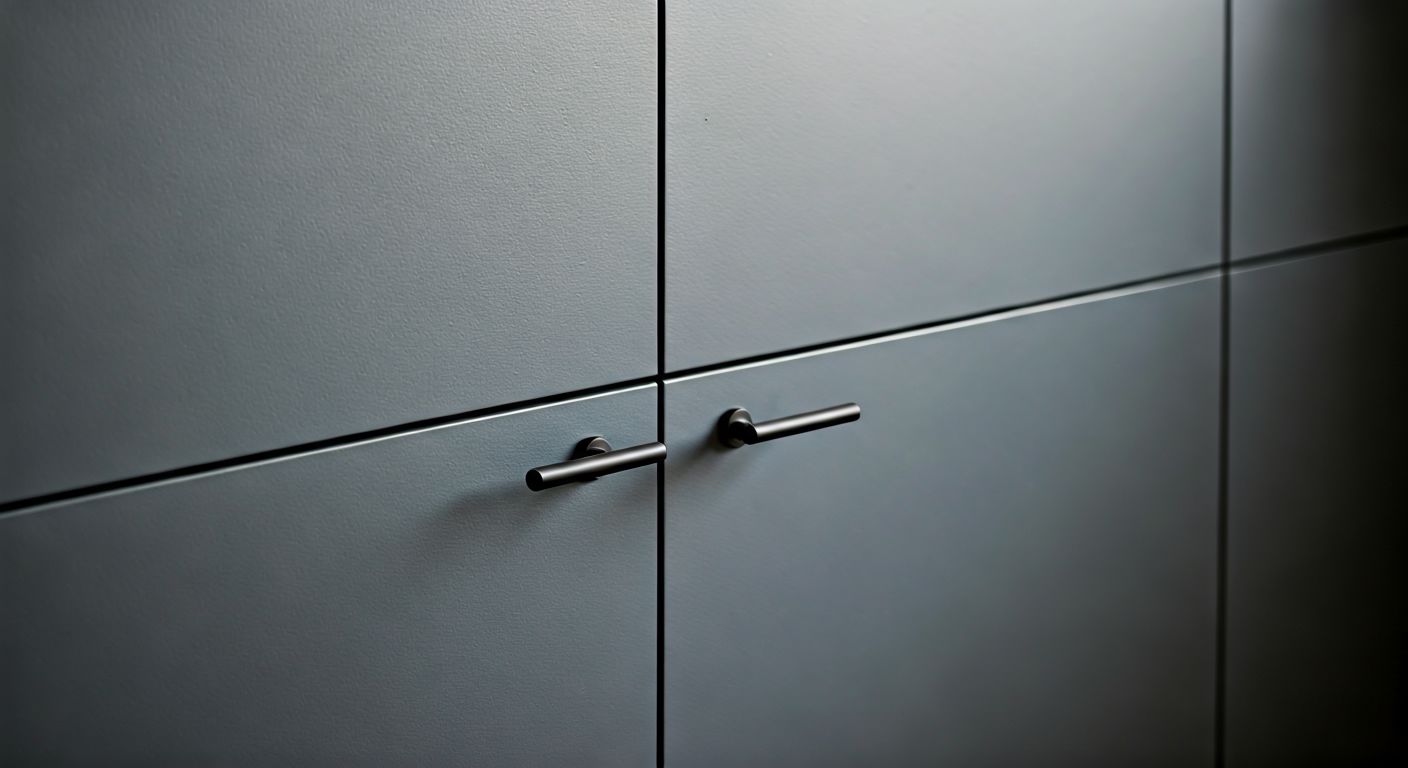 черная фурнитура на серо-голубом фасаде