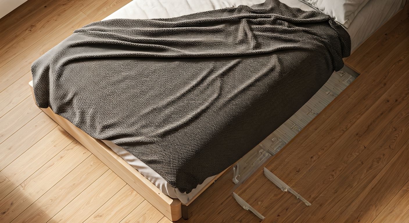 Вид сверху на кровать и тёплый пол