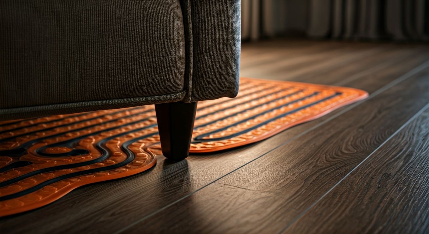 Детальный вид ножки кресла и тёплого пола