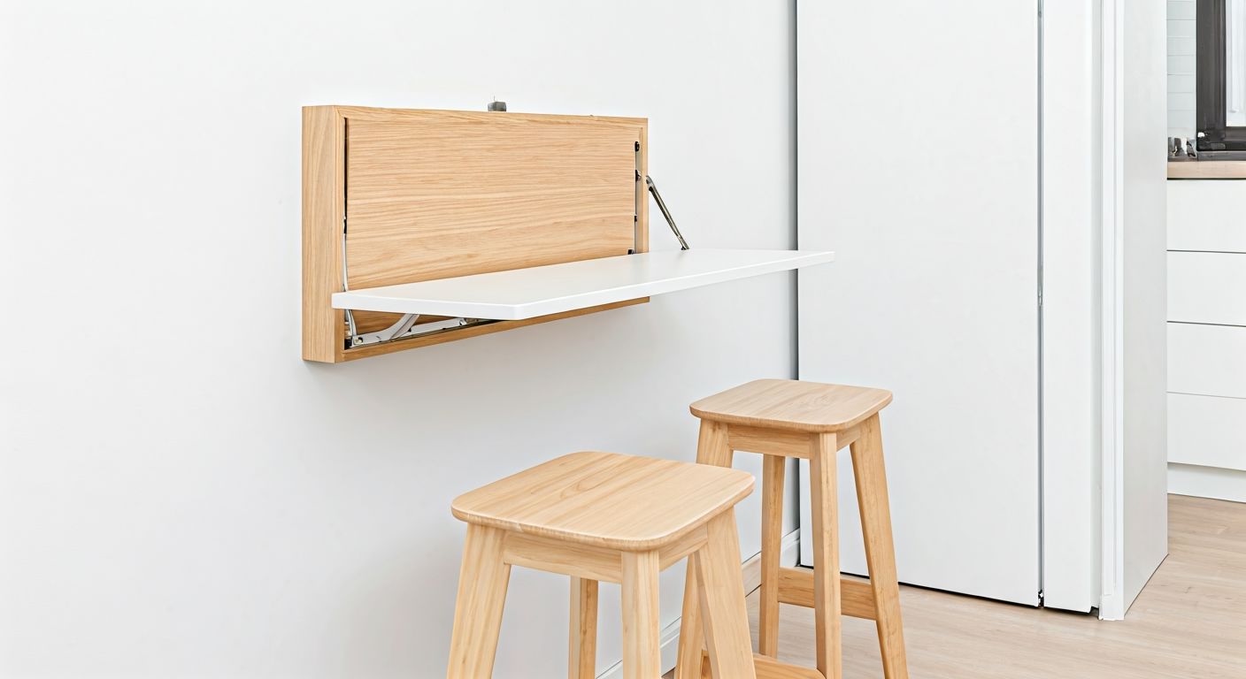 Узкая кухня с откидным столом и стульями