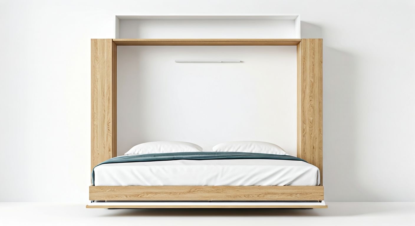 Студийный интерьер с выдвижной кроватью-шкафом и полками