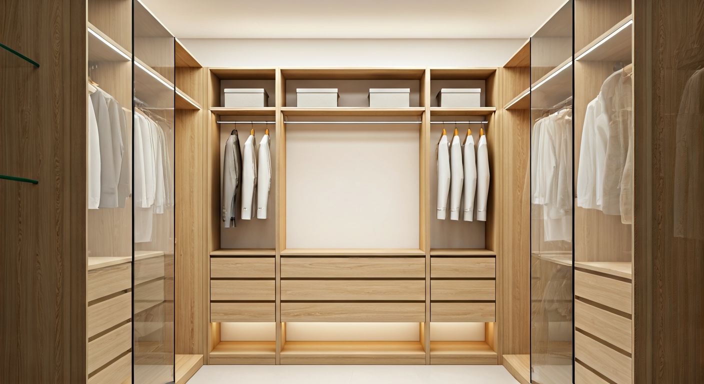 Деталь гардеробной с прозрачными перегородками