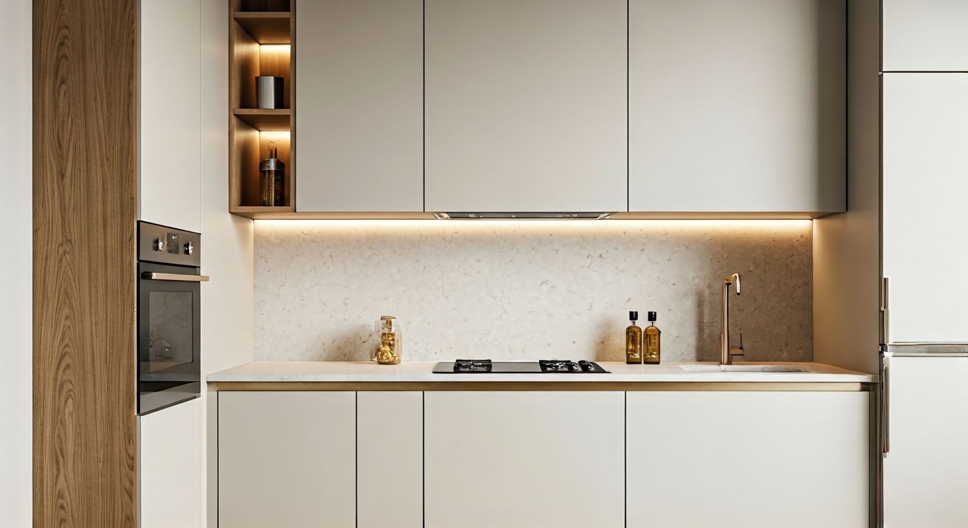 роскошный компактный кухонный гарнитур в светлых тонах