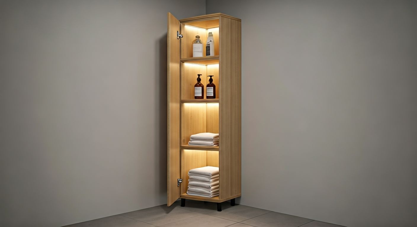 Угловая высокая тумба с открытыми полками