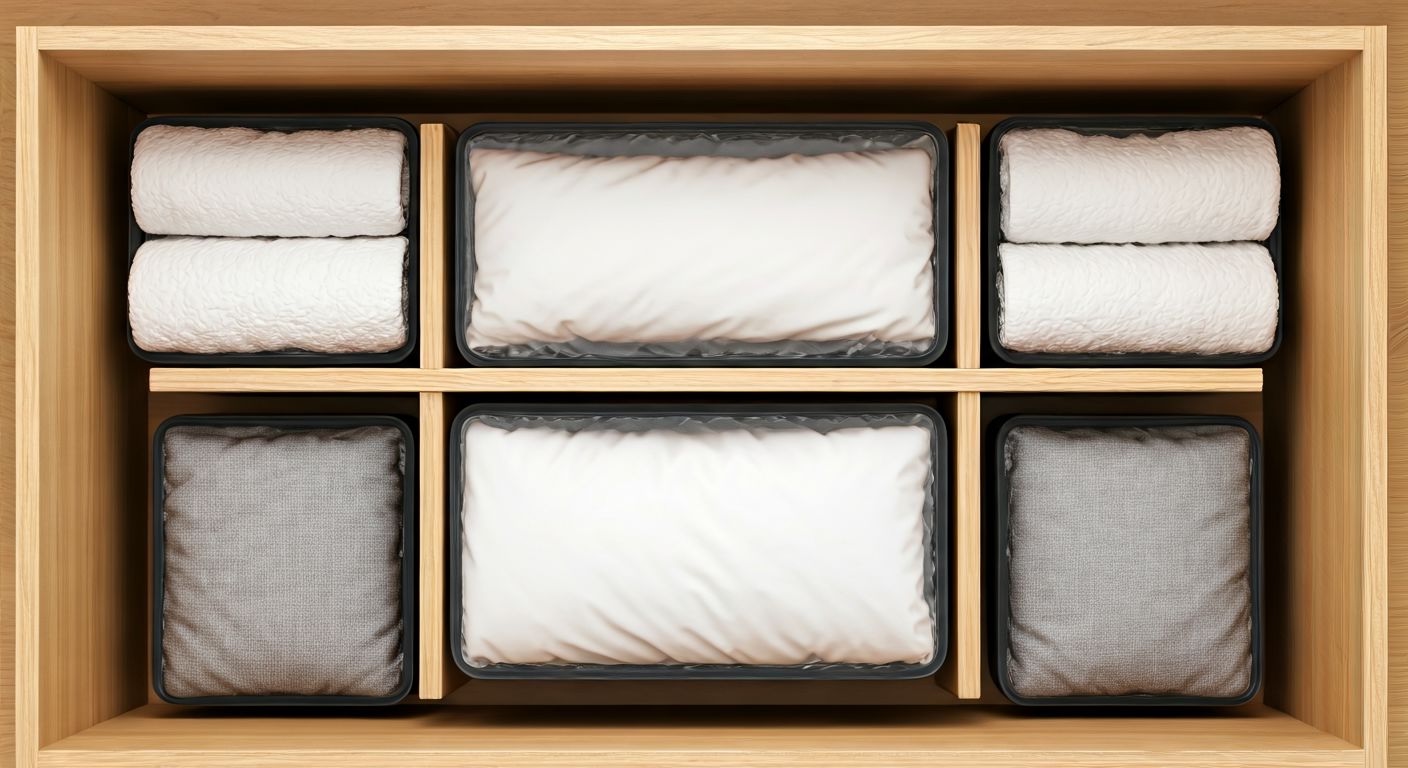 Вид сверху на полки с коробками