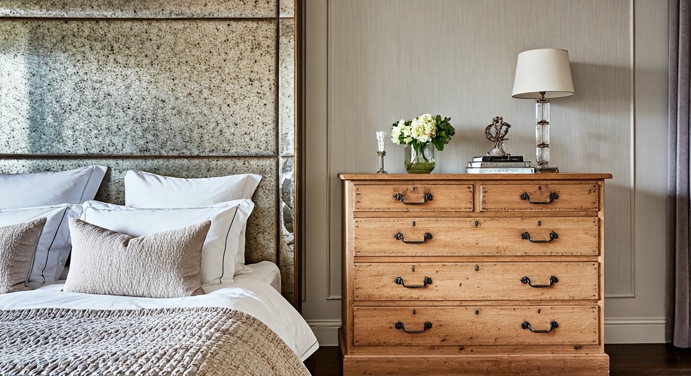 Спальня с зеркальным кожаным изголовьем