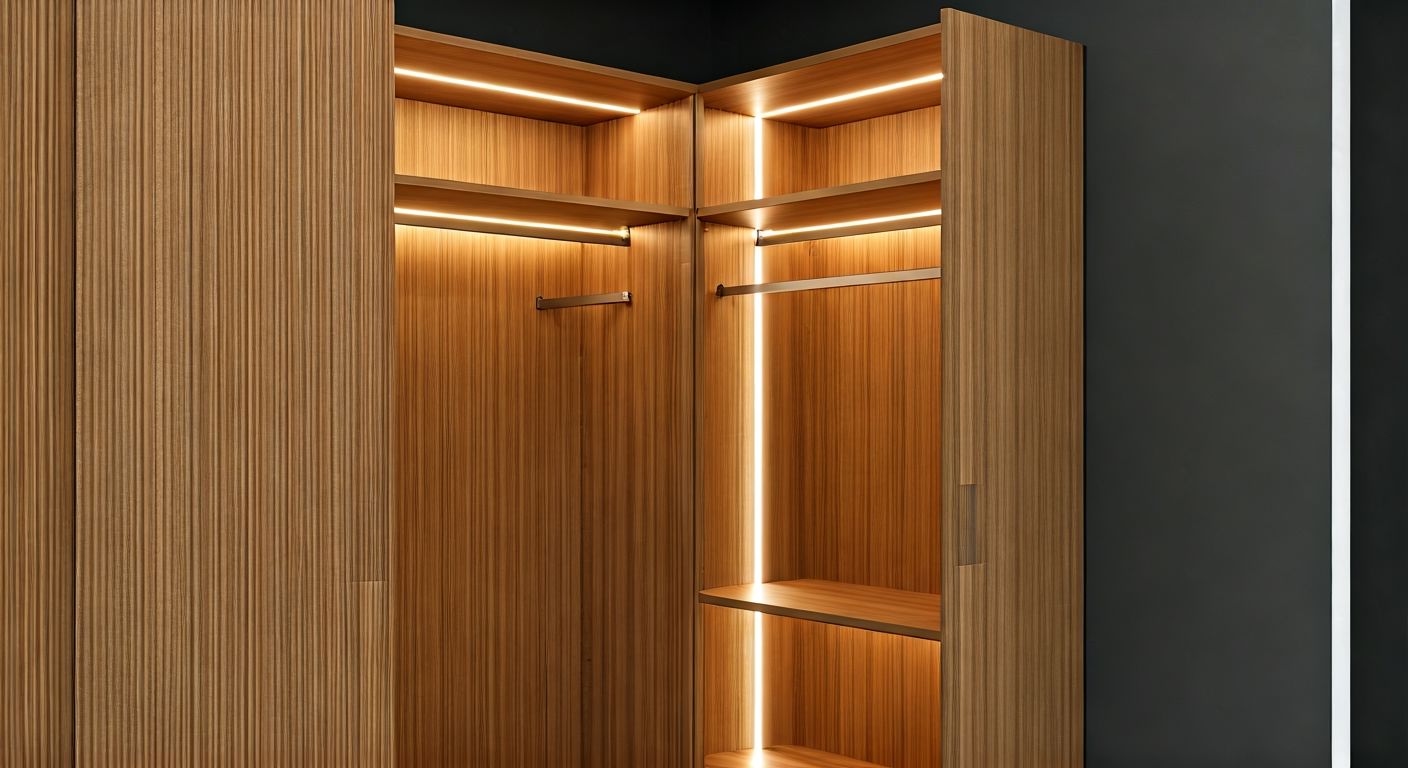 Интерьер шкафа-купе с подсветкой и деревом