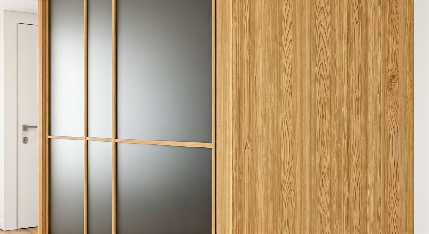 Угловой шкаф-купе из стекла и дуба