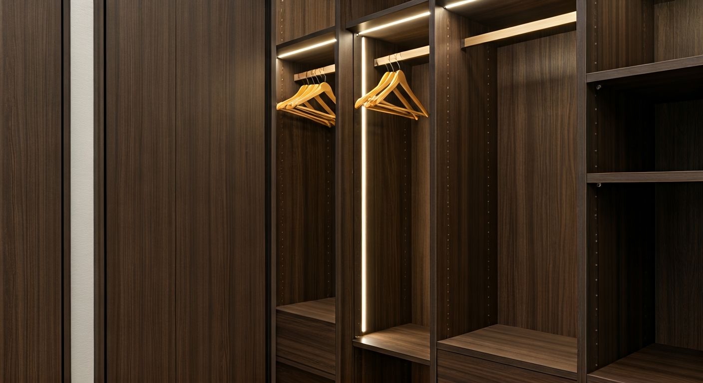 Детали интерьера шкафа-купе с подсветкой