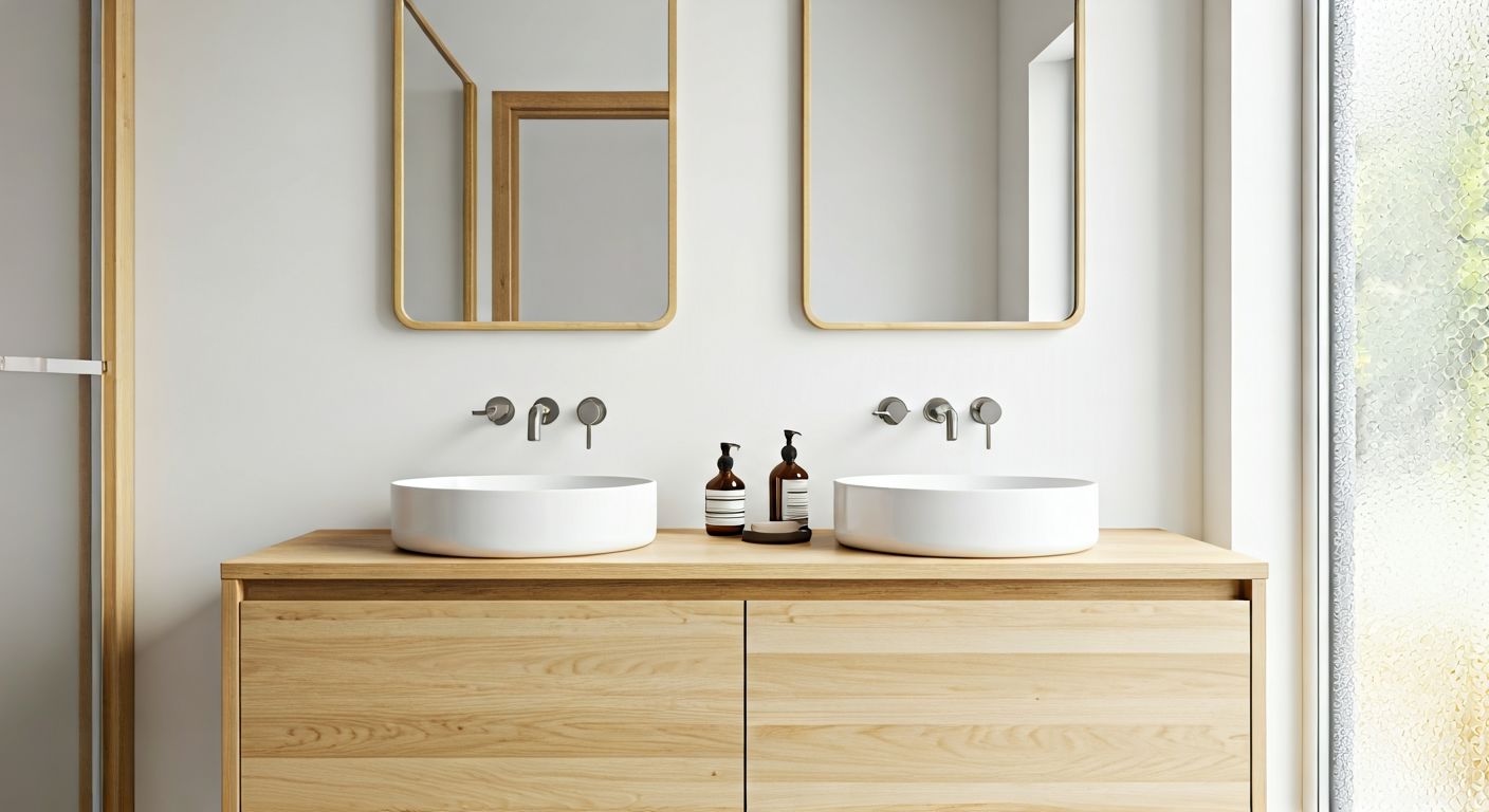 Скандинавская тумба с двумя раковинами на светлом дереве