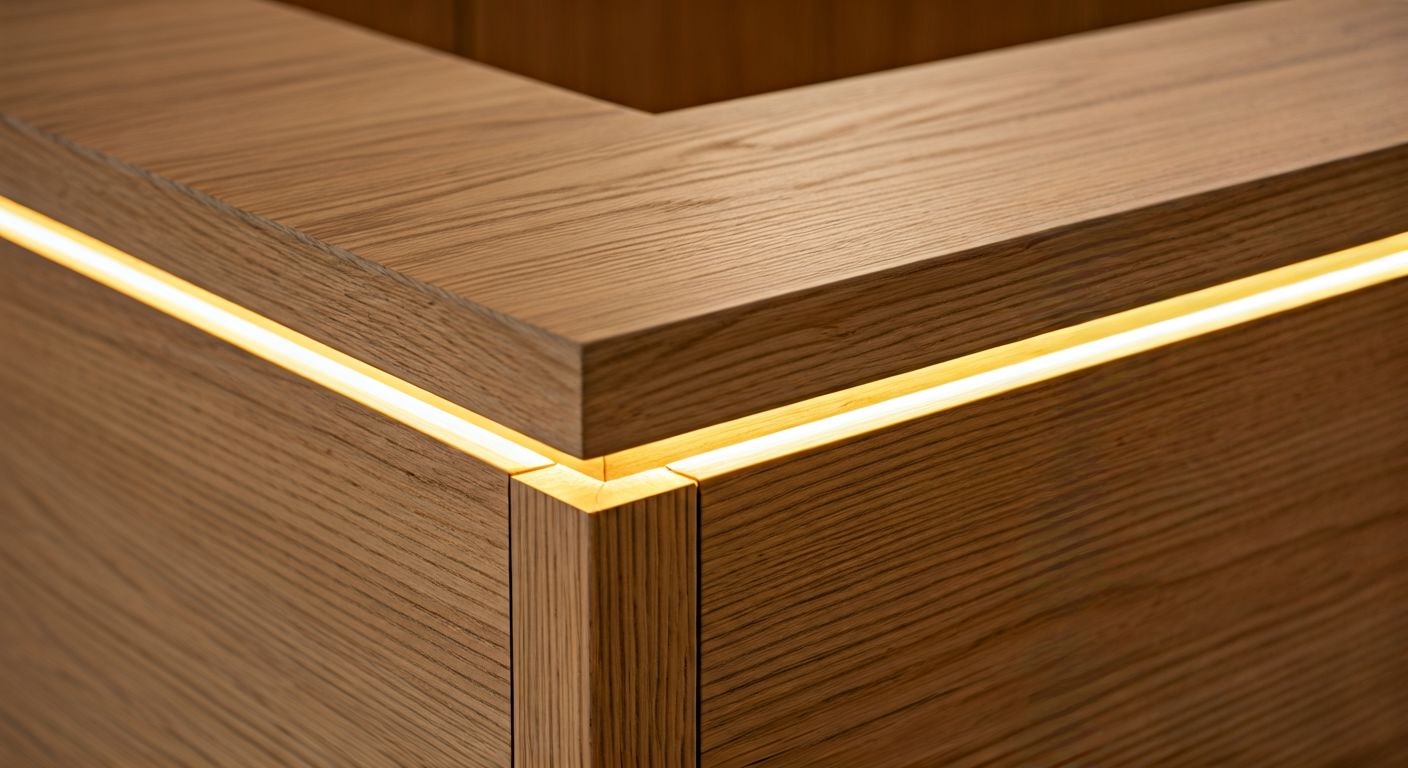 Деталь деревянного ресепшена с подсветкой