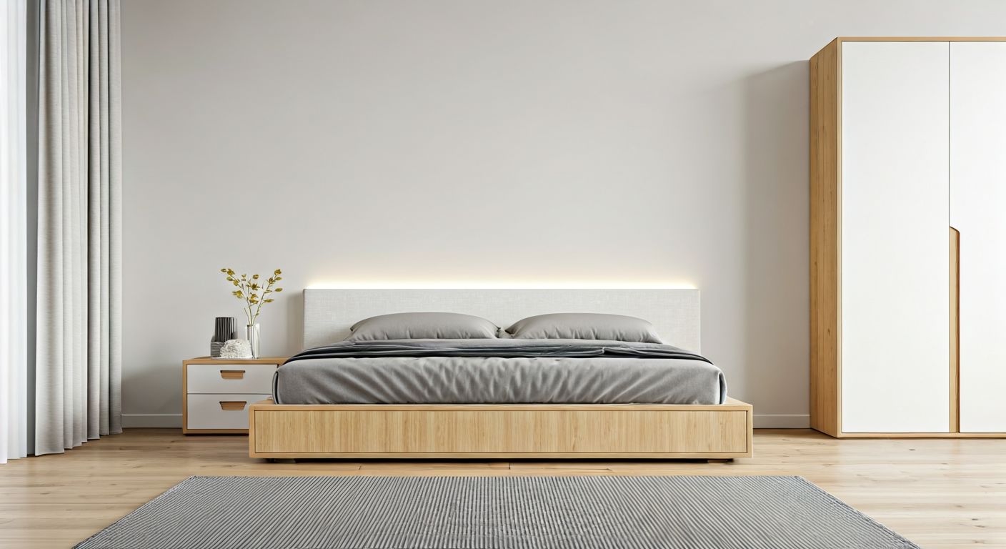 спальня с минималистичной кроватью и тумбами