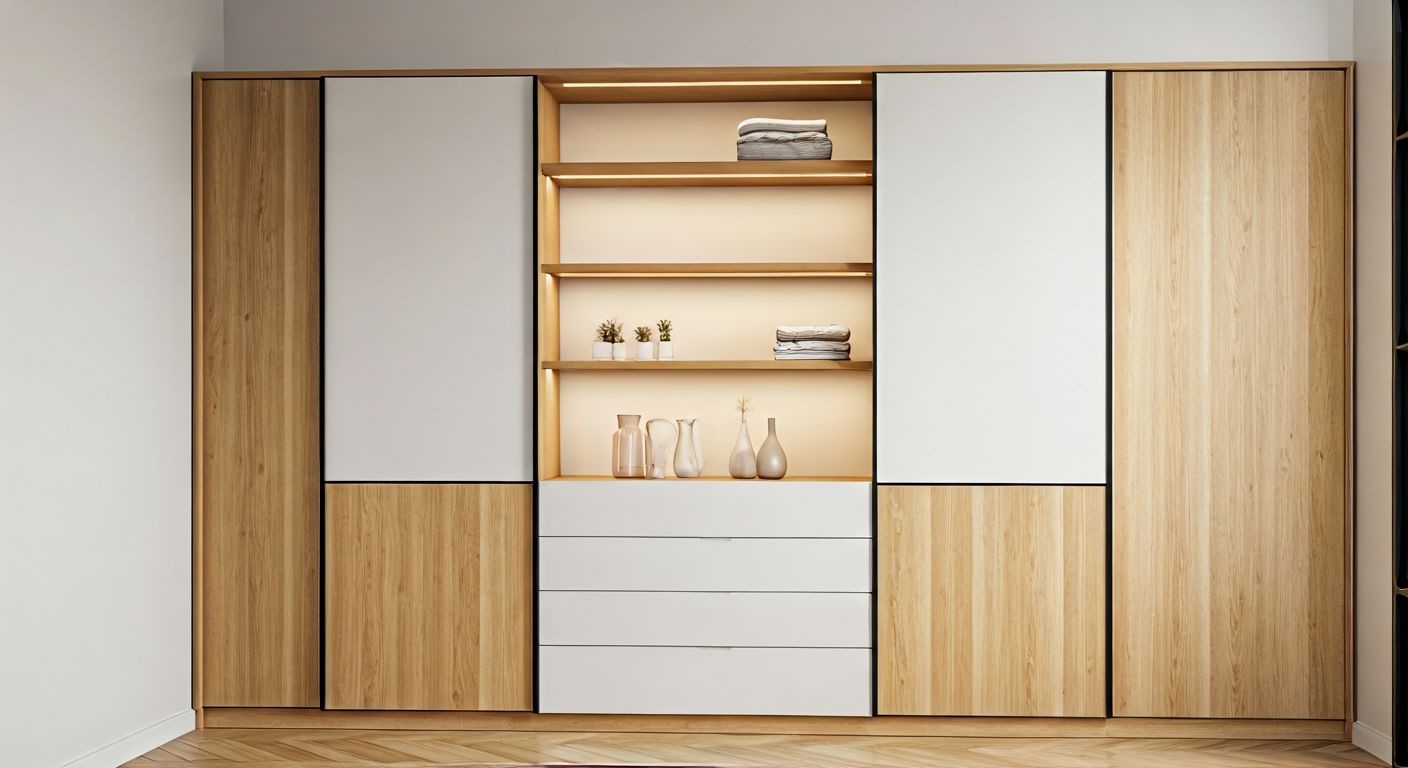 Угловой шкаф-купе с подсветкой и открытыми полками