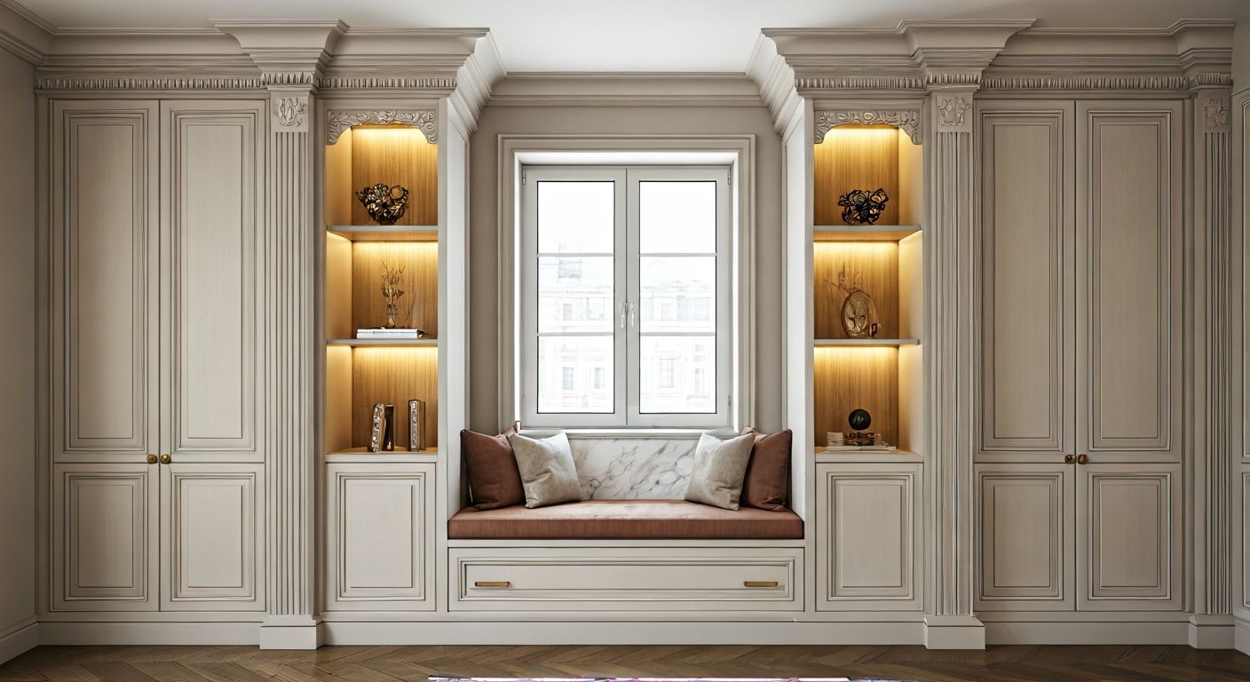 роскошный встроенный шкаф вокруг окна