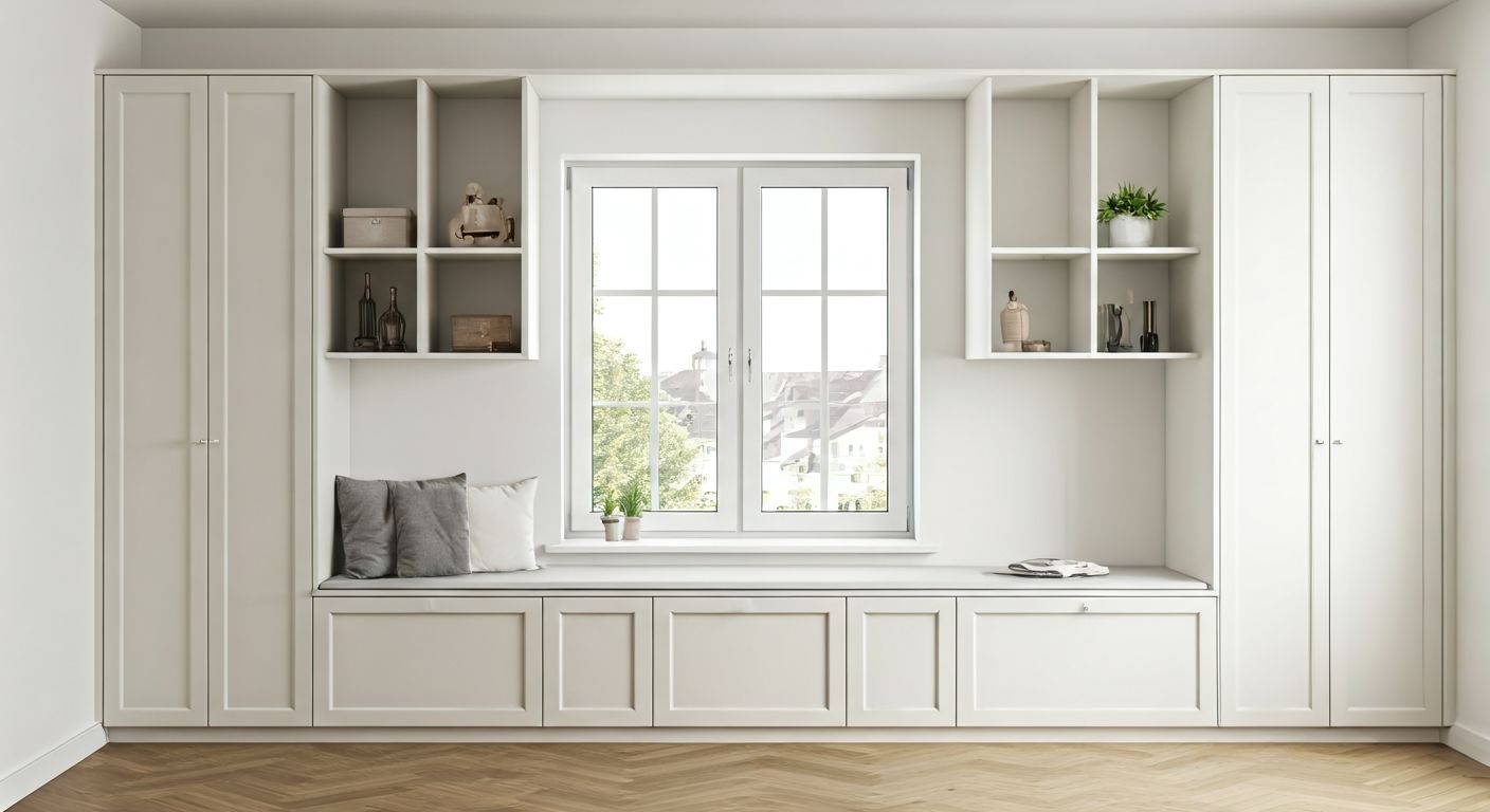 минималистичный шкаф вокруг окна в скандинавском стиле