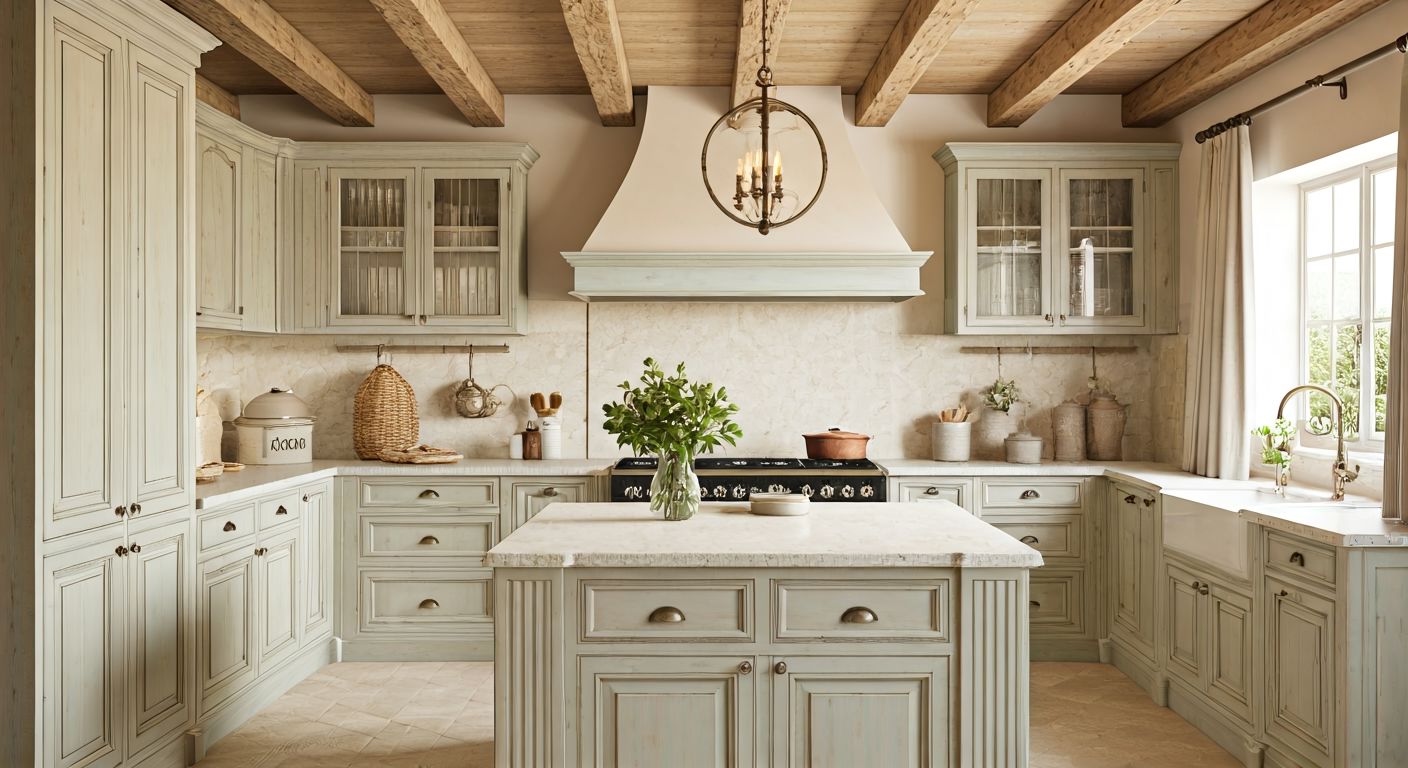 Широкий роскошный провансальский интерьер кухни