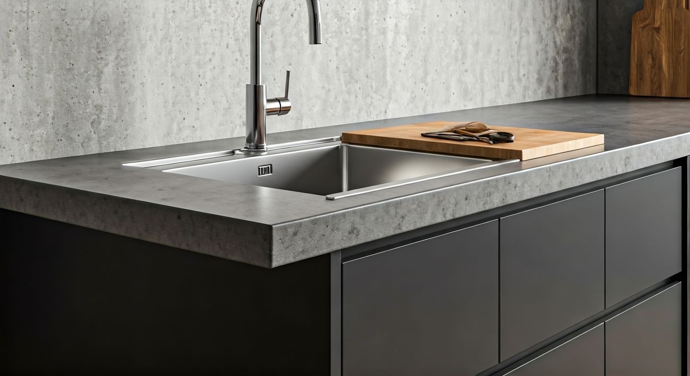 Макросъемка бетонной столешницы индустриальной лофт-кухни