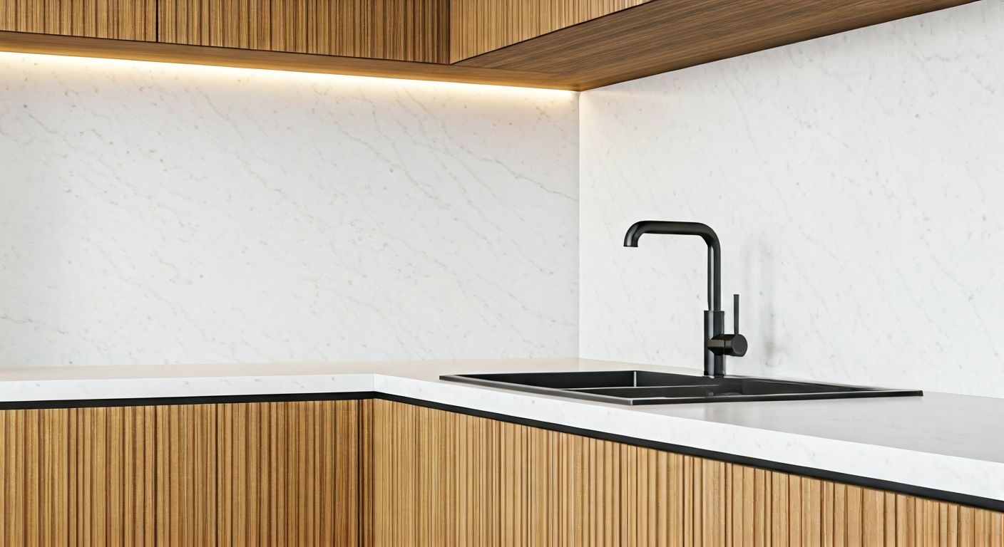 Угловая кухня ясень с кварцитом