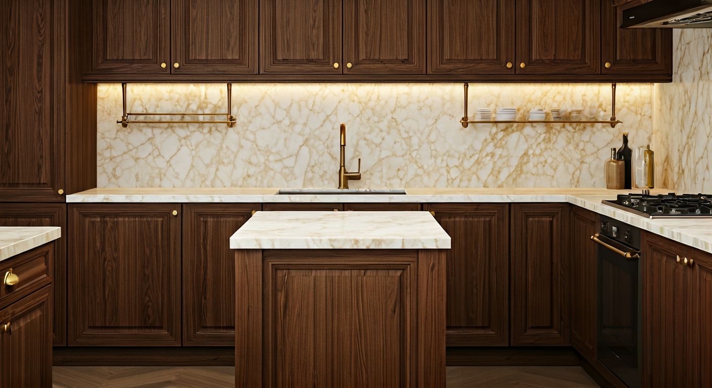 Перспектива кухни орех с мрамором