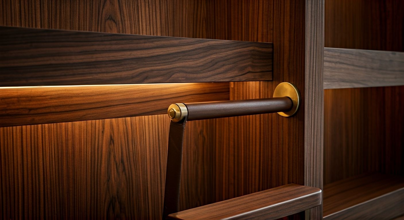 деталь деревянной лестницы на рельсах в библиотеке