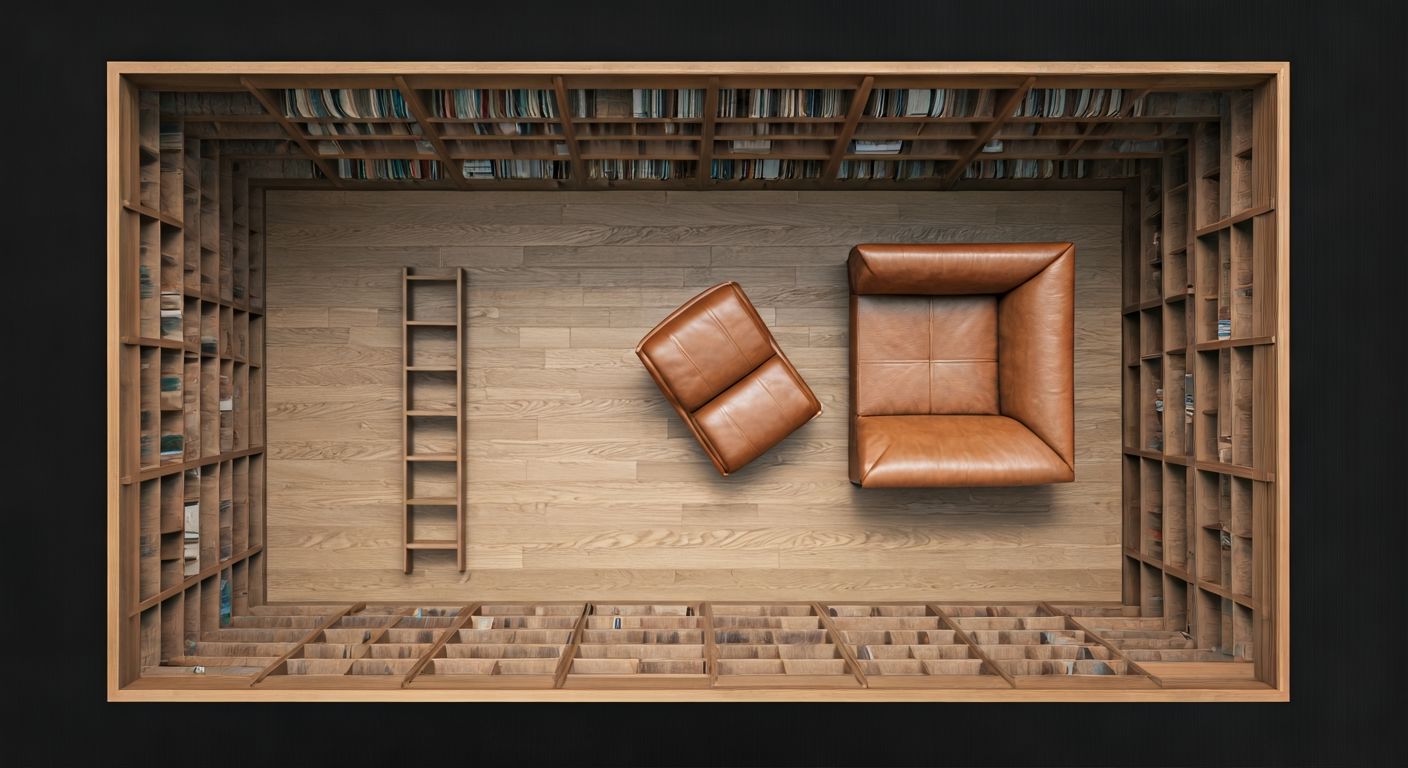 вид сверху U-образной библиотеки с креслом