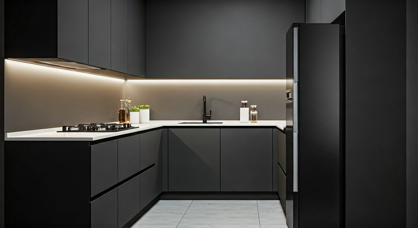 угловая кухня с холодильником в конце гарнитура