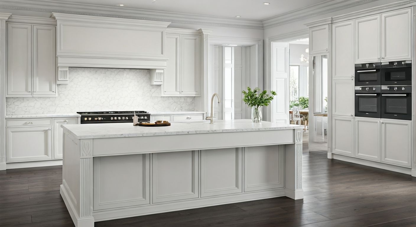 Роскошная кухня-остров с белым кварцем