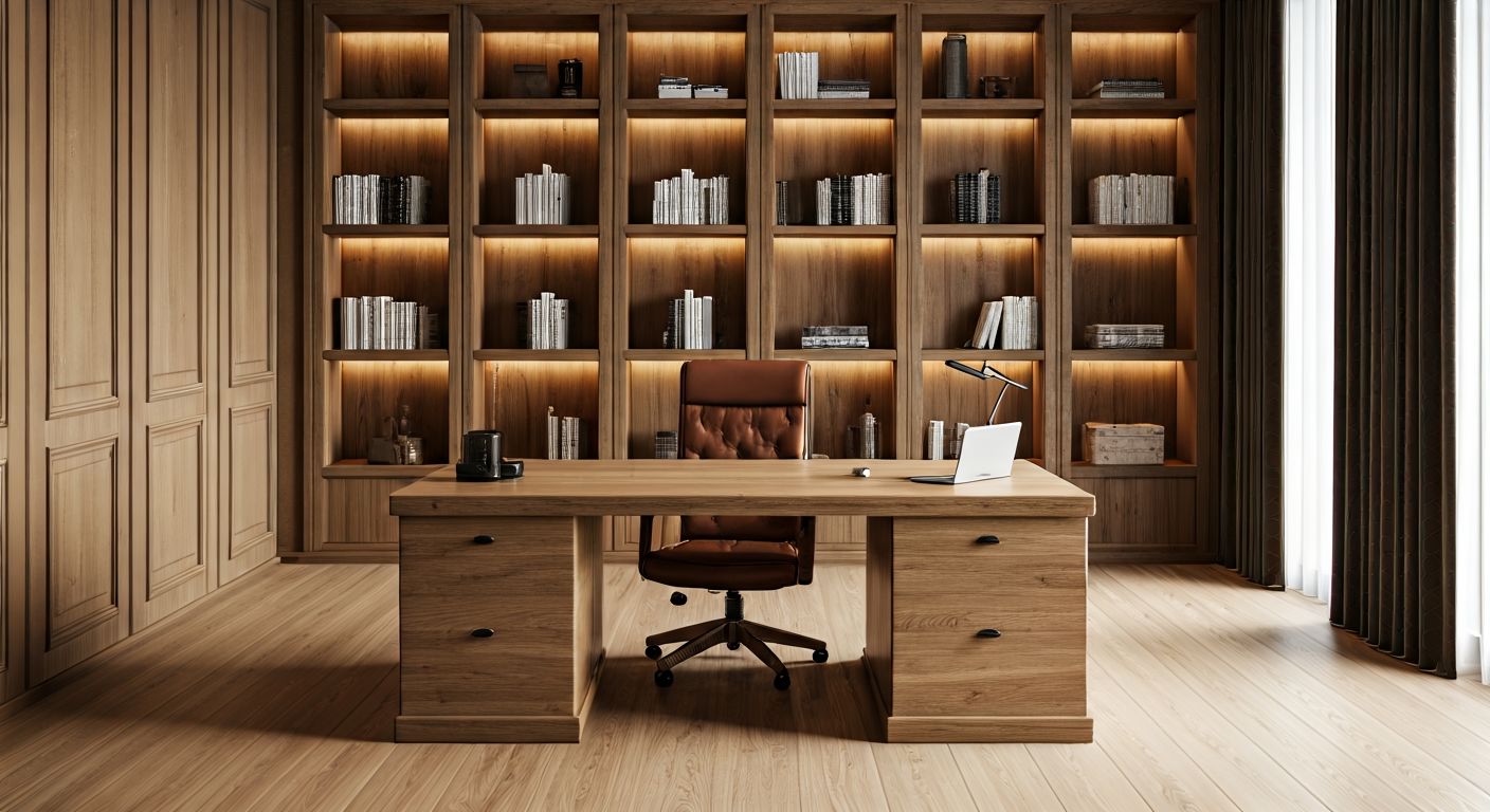 Роскошный кабинет с деревянным столом и креслом