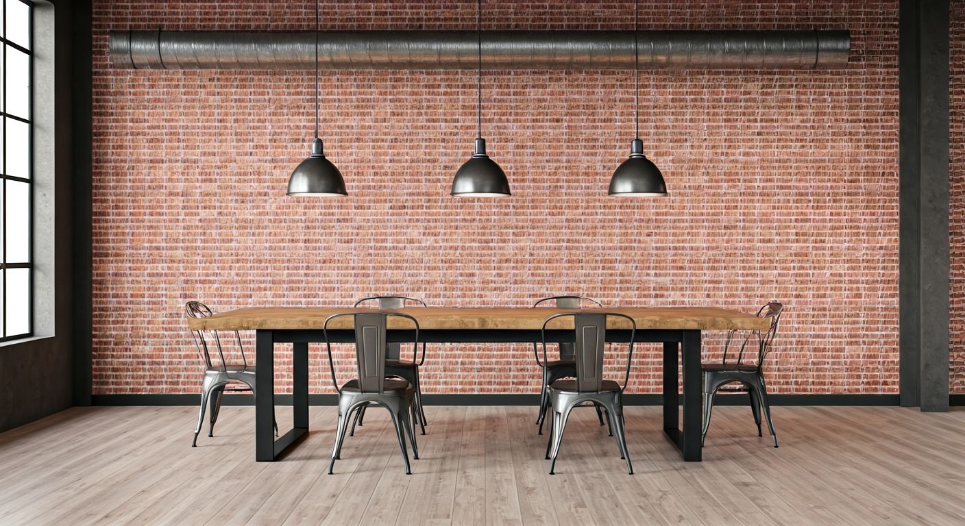 Лофт-переговорная с кирпичными стенами и металлическими элементами