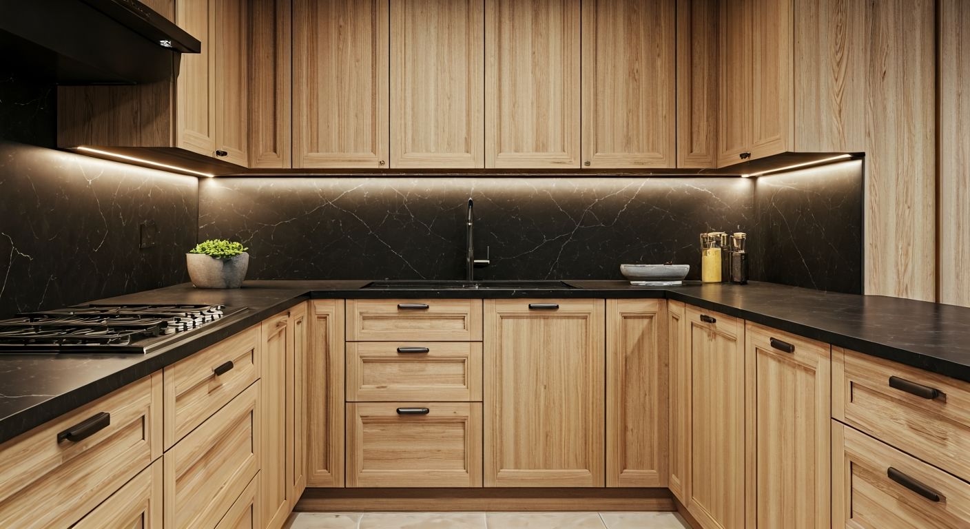 Премиальная П-образная кухня с выдвижными ящиками