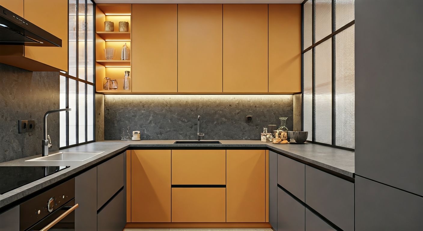 угловая кухня с прозрачной перегородкой