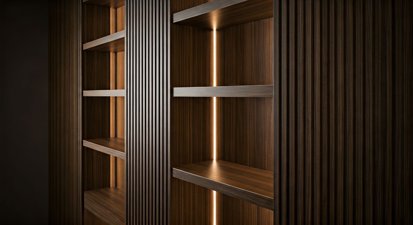 встроенный книжный шкаф из темного дуба