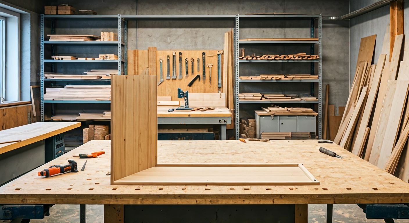 Полусобранный шкаф на мебельном верстаке