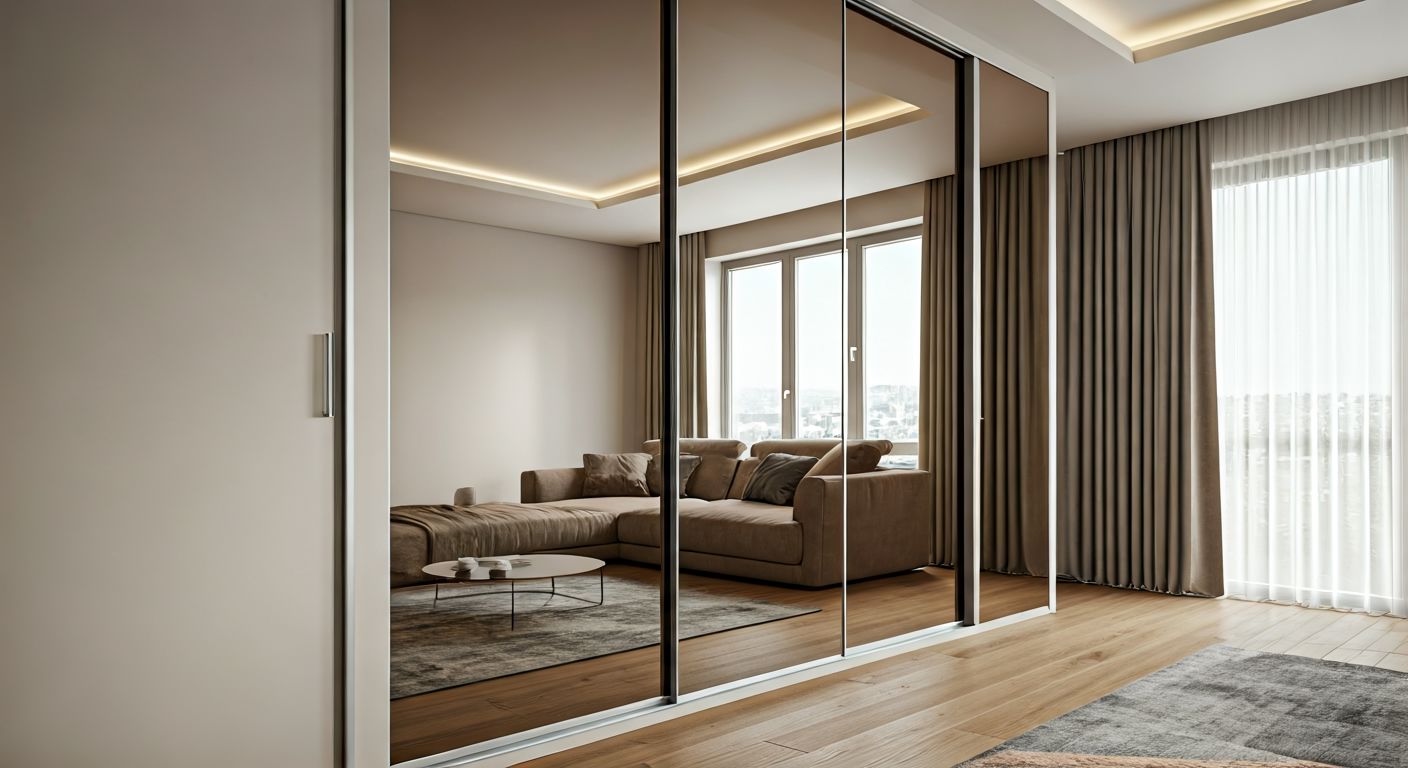 Шкаф-купе с зеркальными фасадами в гостиной