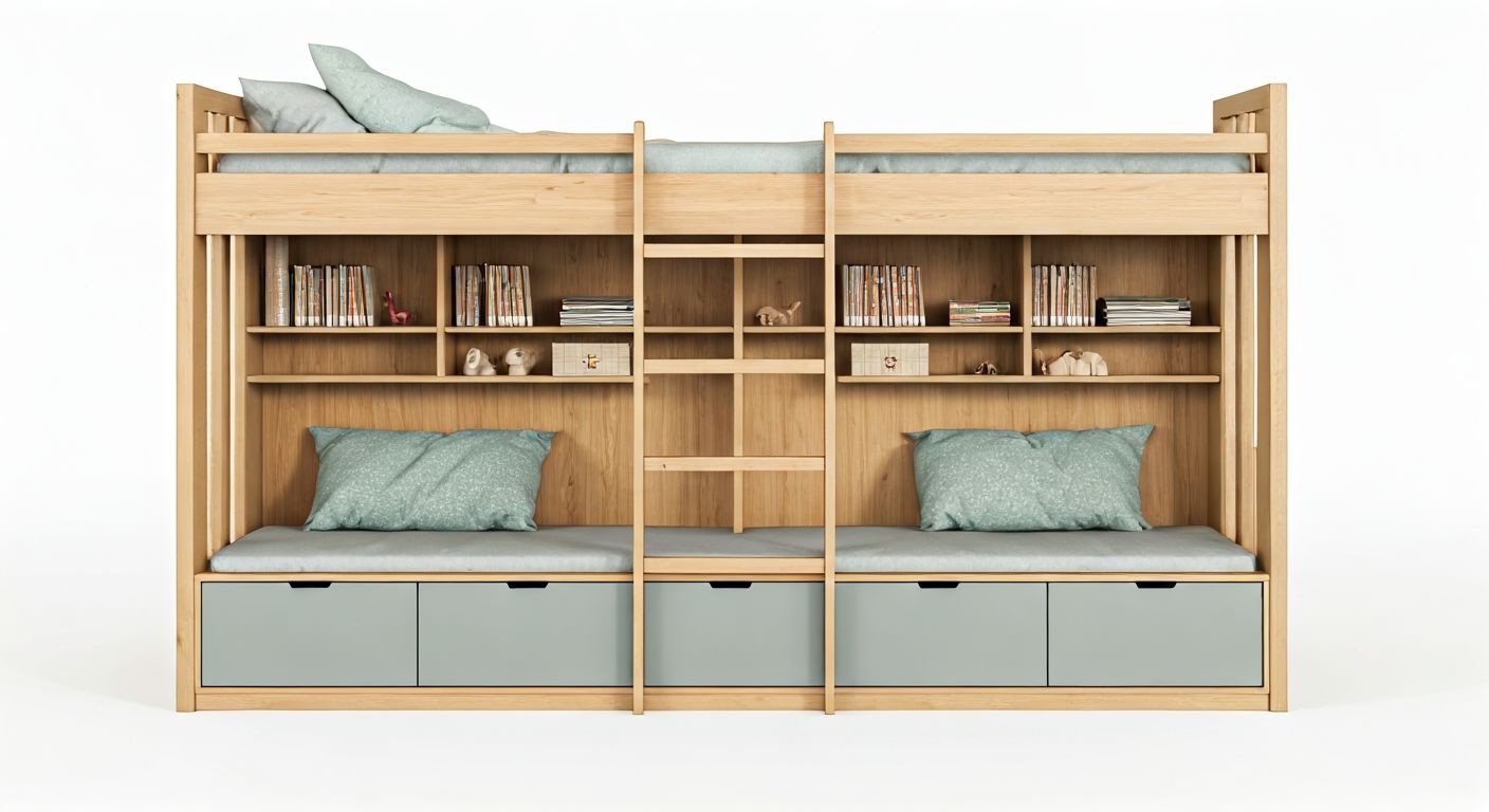 детская для двоих: двухъярусная кровать со столом