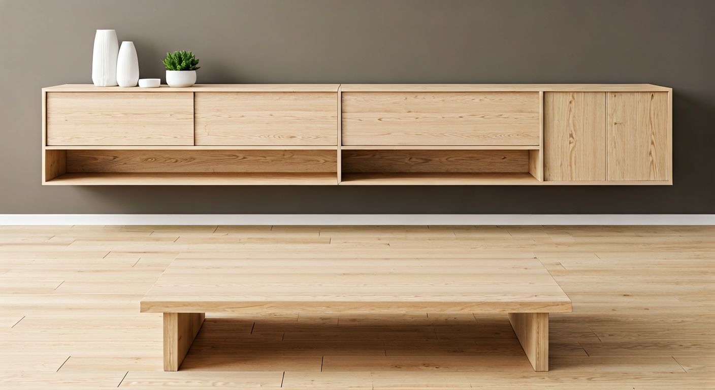 минималистичная гостиная с мебелью из берёзы