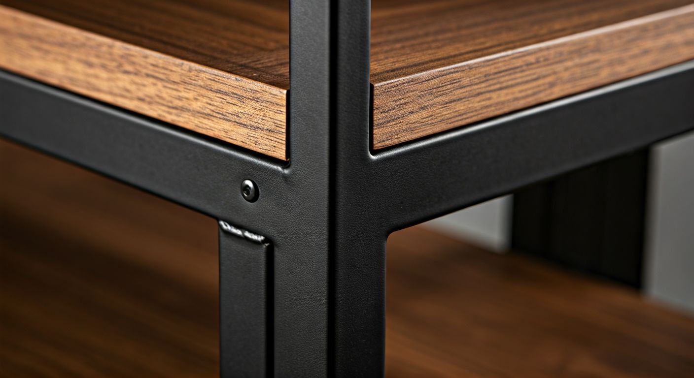 крупный план металлическо-деревянного соединения стеллажа