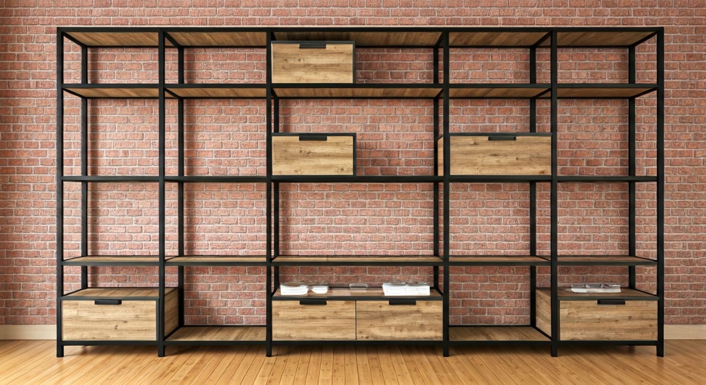 лофт-стеллаж-перегородка из металла и дерева в лофте